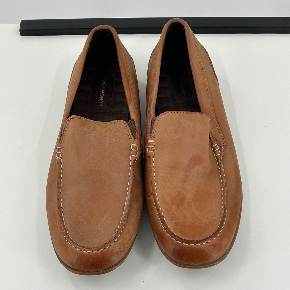 Rockport Mens Tan Leather Slip On Loafers Moc Toe Shoes Lighthouse Logo Size 8